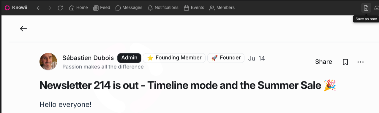 The Save as note button in the pane toolbar